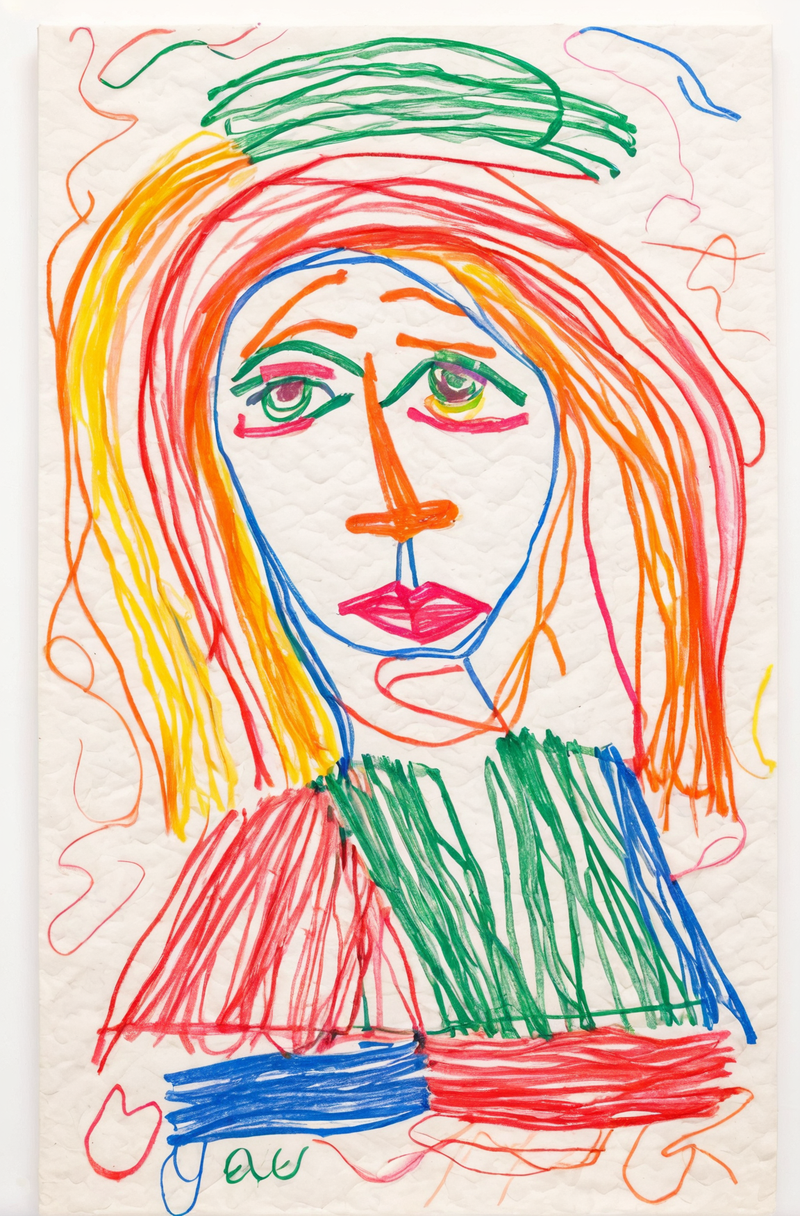 chaotic scribbles of a colorful crayon drawing of an ugly woman, done by a 3 year old on white construction paper.